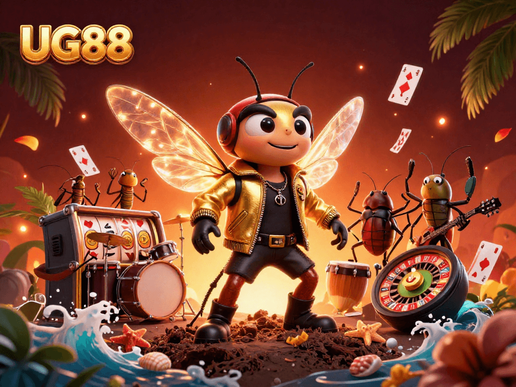 Experience the thrill of UG88 with a vibrant scene featuring thrilling casino elements and lively characters.