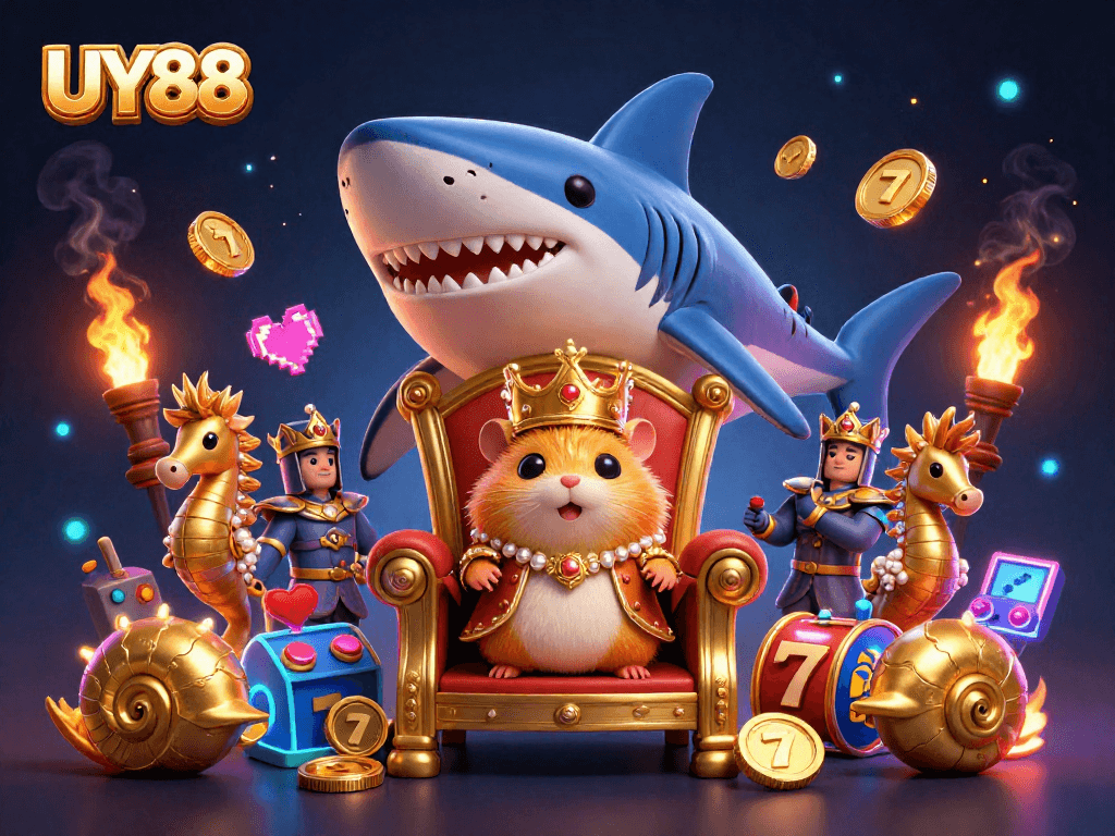 Experience thrilling game battles at UY88 with a vibrant scene of a hamster king and arcade elements.