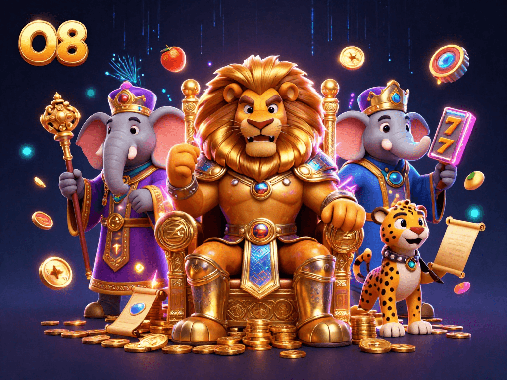 Experience O8’s vibrant slot gaming scene with a lion king on coins and cheering characters.
