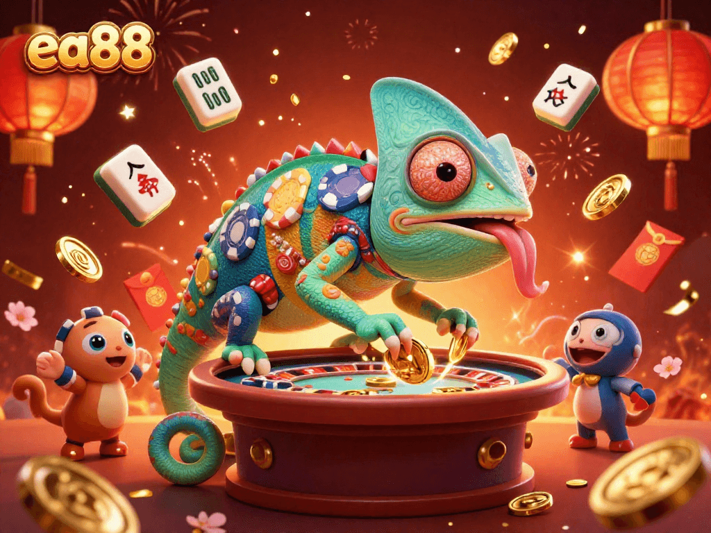 Experience the thrill of ea88 with chameleon casino owner snapping golden coins, surrounded by festive gaming elements.