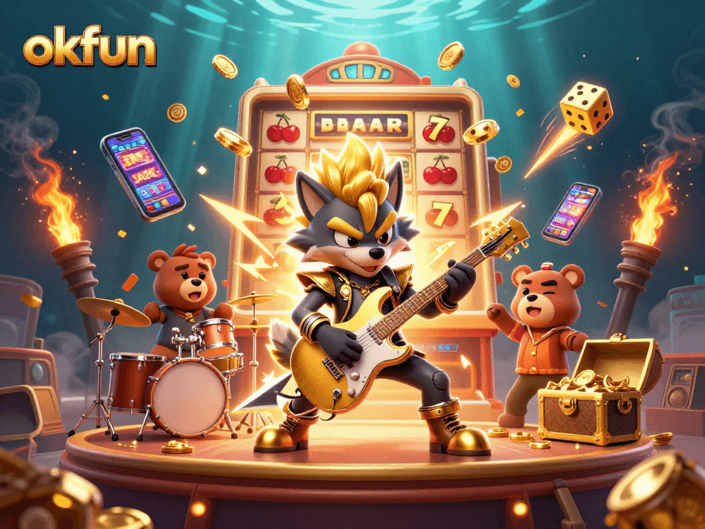 Experience okfun's thrilling gaming scene with a cartoon wolf rock star igniting the casino stage.
