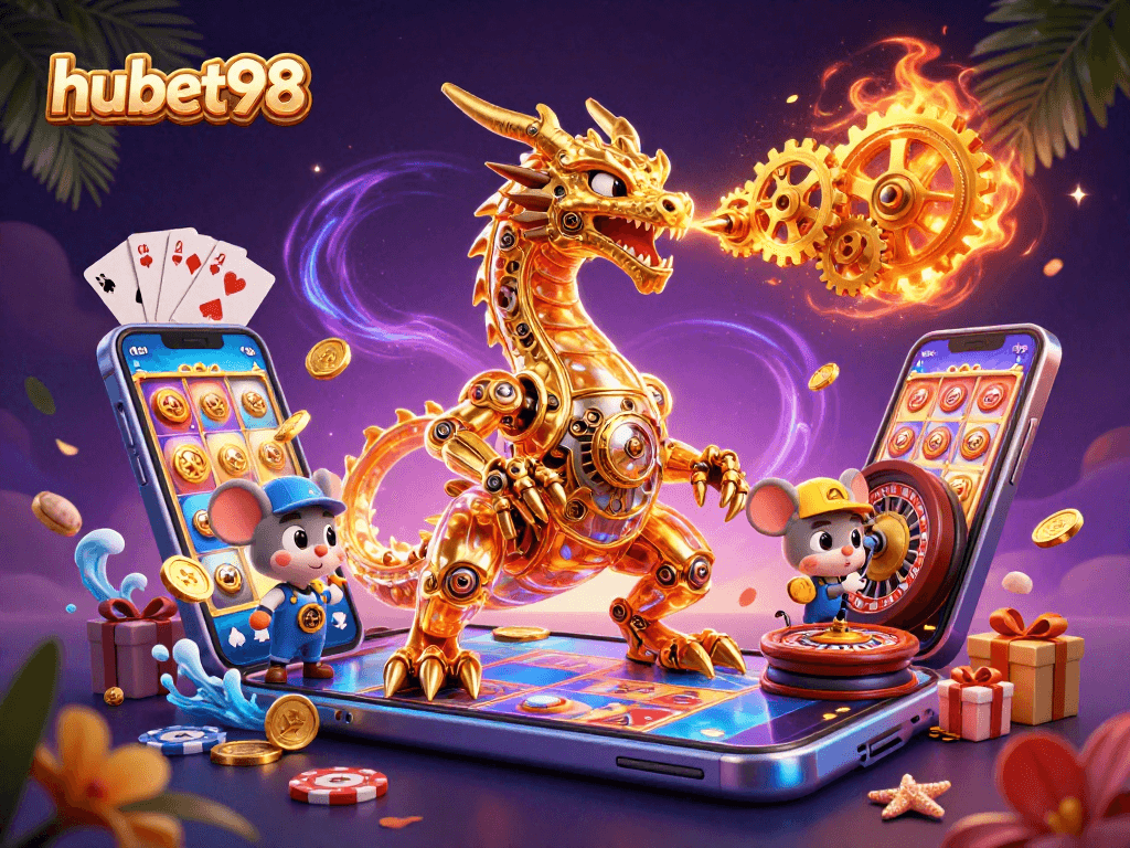 Experience thrilling gaming at hubet98 with a golden dragon and vibrant casino elements