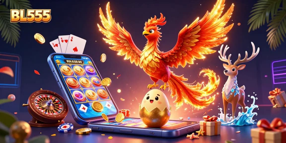 Experience the excitement of BL555 with a vivid scene showcasing a phoenix, baby phoenix, and stag amidst 3D gaming elements and vibrant visuals.