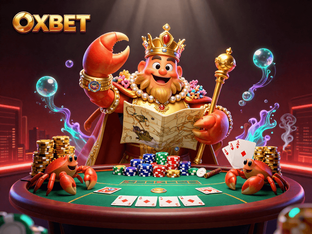 Engage with OXBET, showcasing a dynamic crab emperor amidst a lively poker scene.