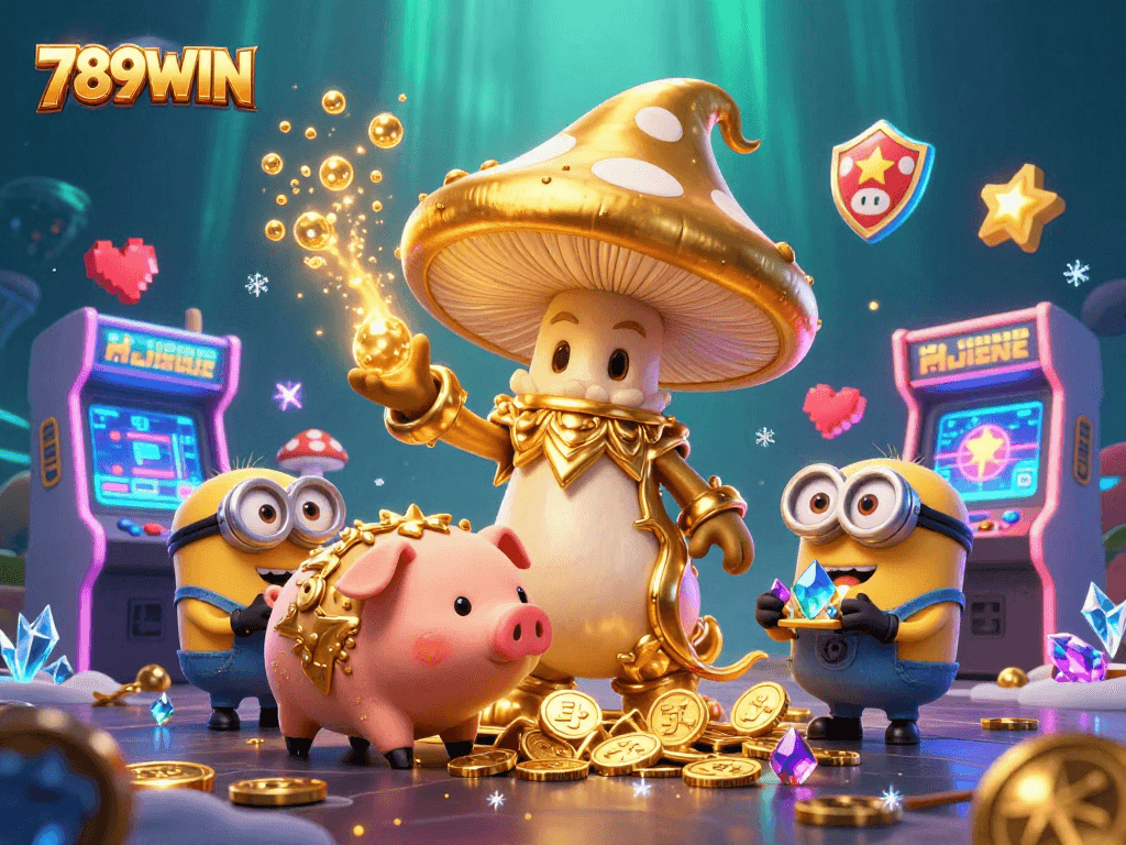 Experience the magic of 789WIN with a golden mushroom wizard amidst vibrant gaming elements.