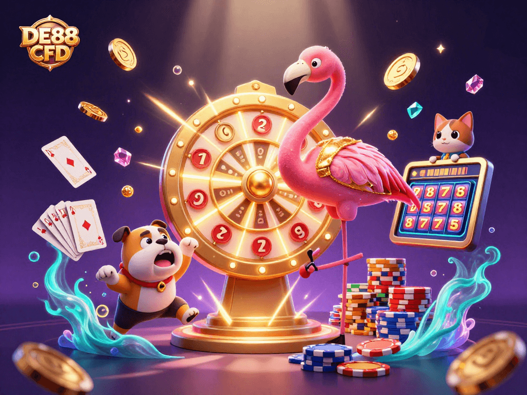 Win exciting prizes at DE88 CFD with a vibrant 3D illustration showcasing a lucky game show scene.