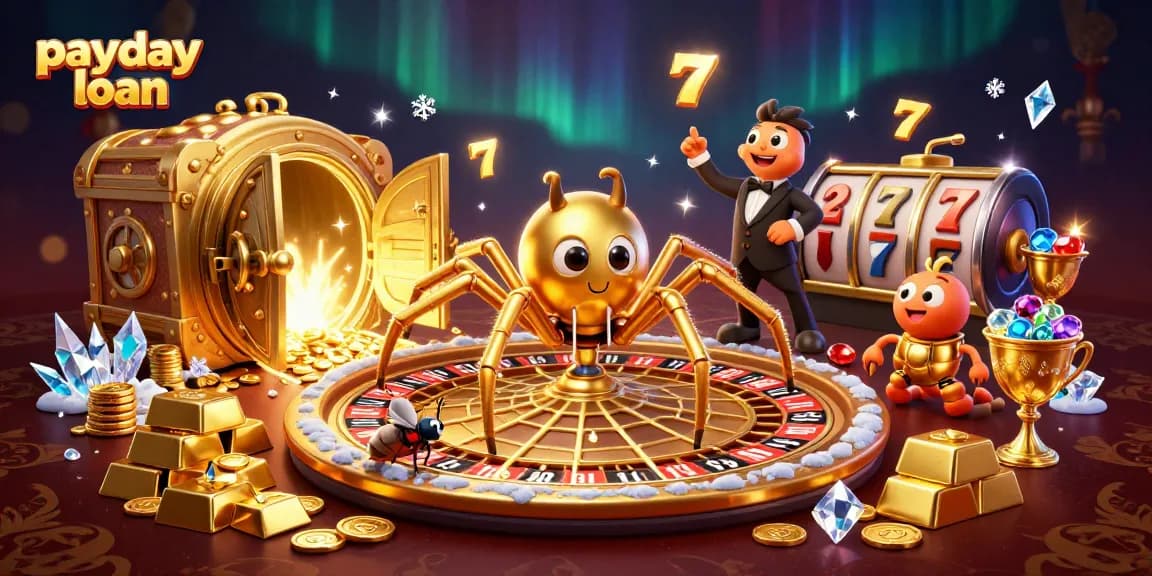Engage with payday loan options featuring a 3D scene of a spider and a fly in a casino setting.