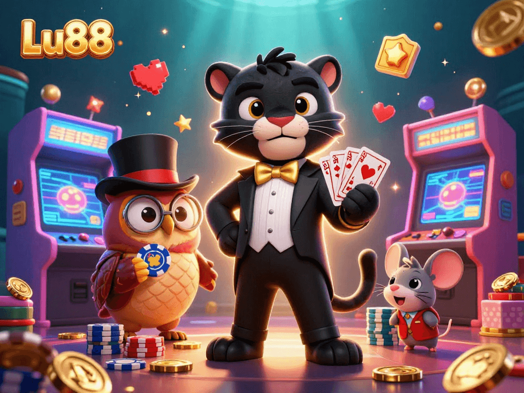 Lu88 showcases vibrant 3D casino scene with a panther dealing cards, emphasizing excitement and gameplay.