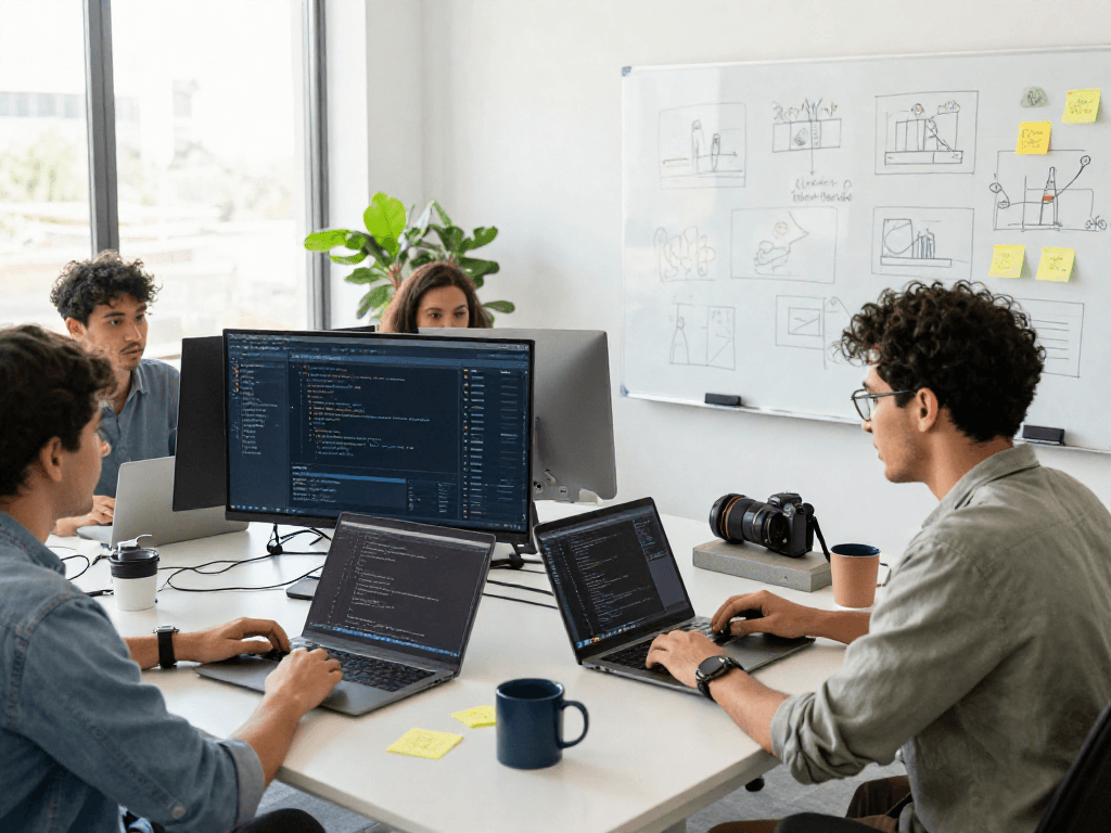 Team of developers collaborating in a modern workspace highlighting crushonai software solutions.