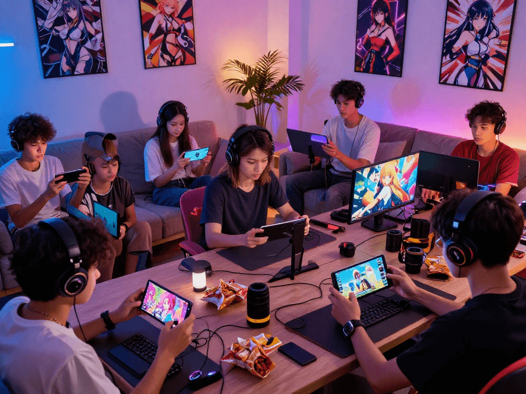 Players enjoying hentai games on mobile devices in a cozy gaming setup.
