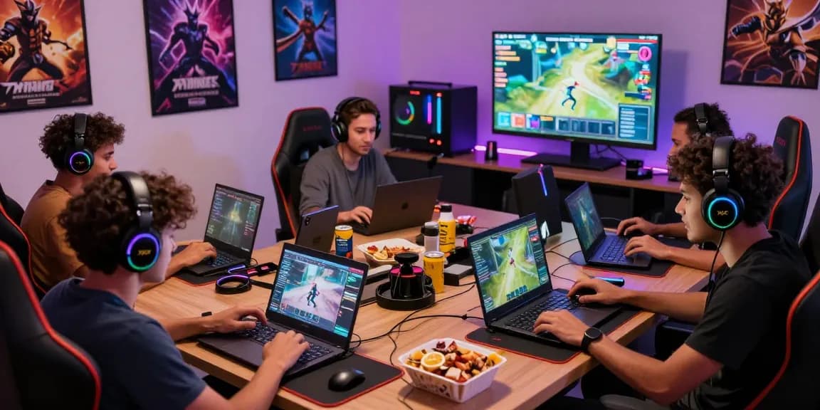 Engaged group of gamers playing xxx games on multiple devices in a modern gaming room.