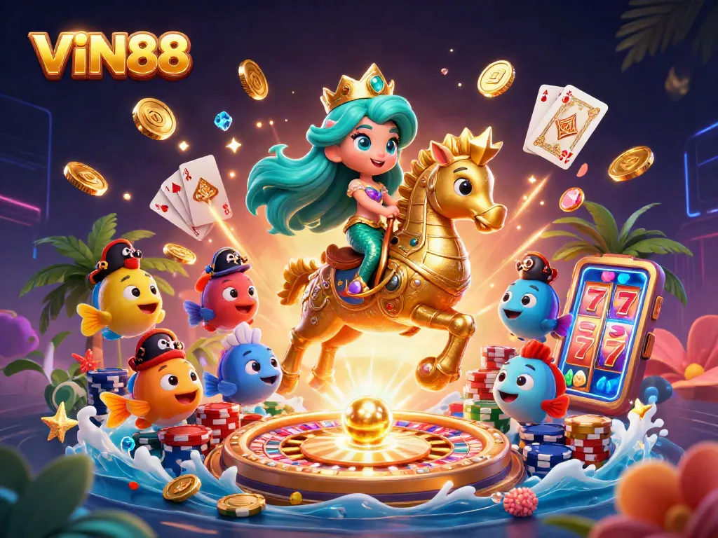 Join the excitement with VIN88 in this vibrant casino-themed illustration featuring a mermaid and seahorse