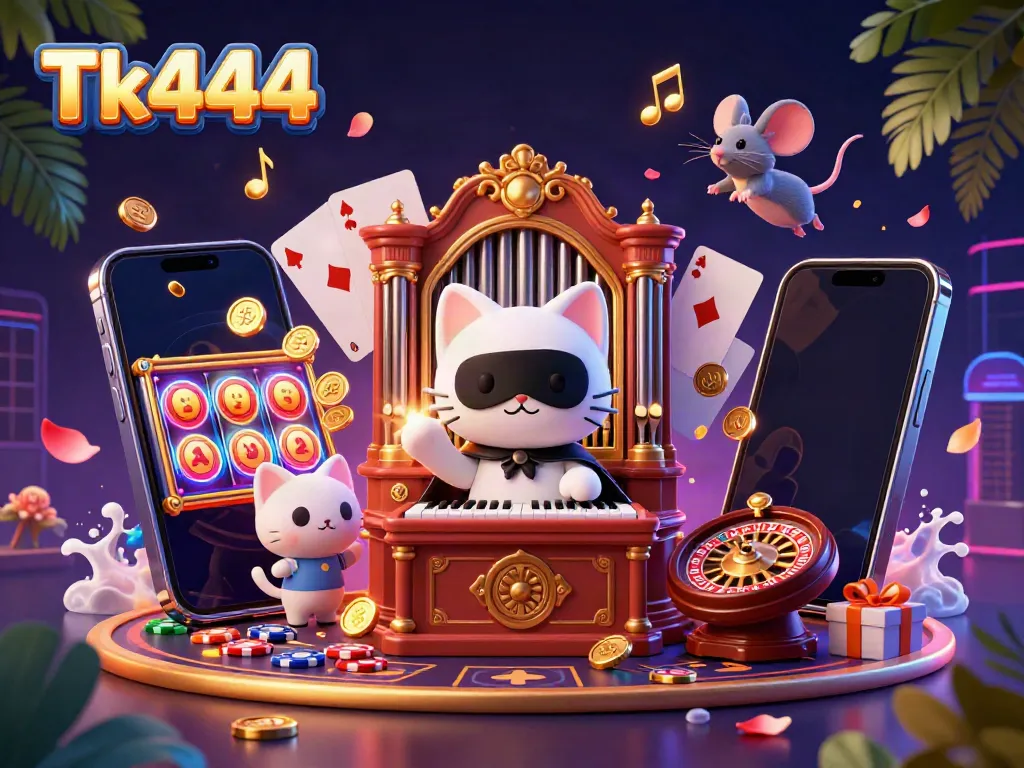 Experience the excitement of Tk444 with colorful slot games, coins, and dynamic casino elements.