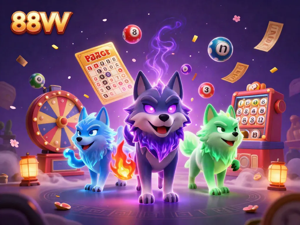 Experience the thrilling lottery atmosphere with 88VV's dynamic casino illustration, showcasing colorful elements and unique characters.