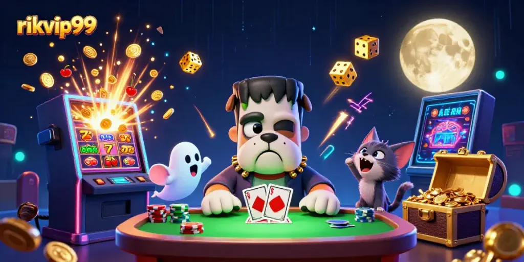 rikvip99, a Frankenstein bulldog monster deals cards at a haunted casino table amidst spooky characters and vibrant game elements.