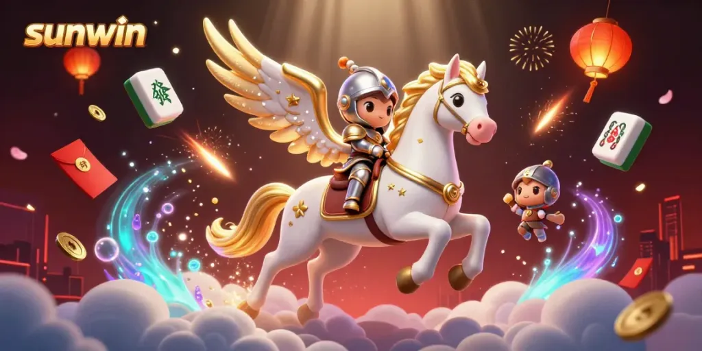 Experience the thrilling gameplay of sunwin as a celestial knight rides a golden-winged horse amidst vibrant casino elements.
