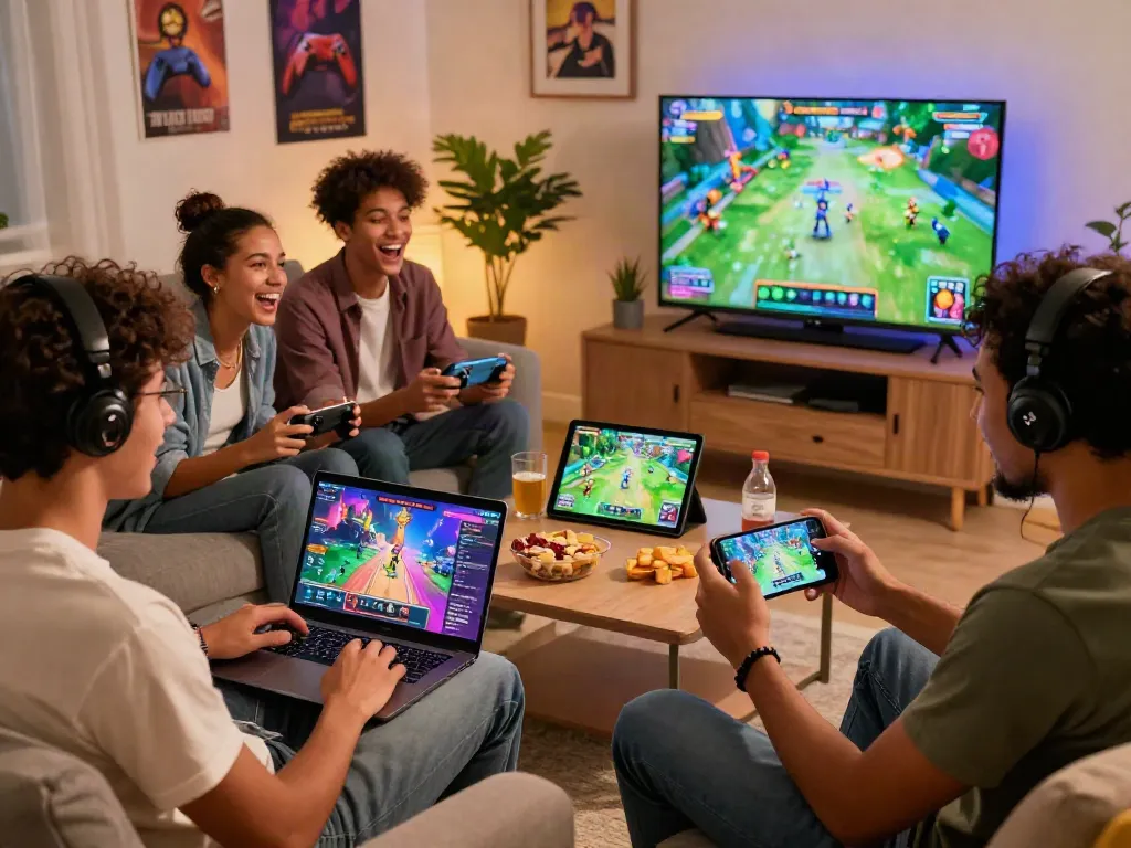 Friends joyfully playing games on the GARUDA404 platform in a cozy living room