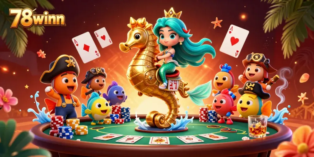 Experience the excitement of 78winn with a vibrant 3D scene of poker action and a mermaid princess.
