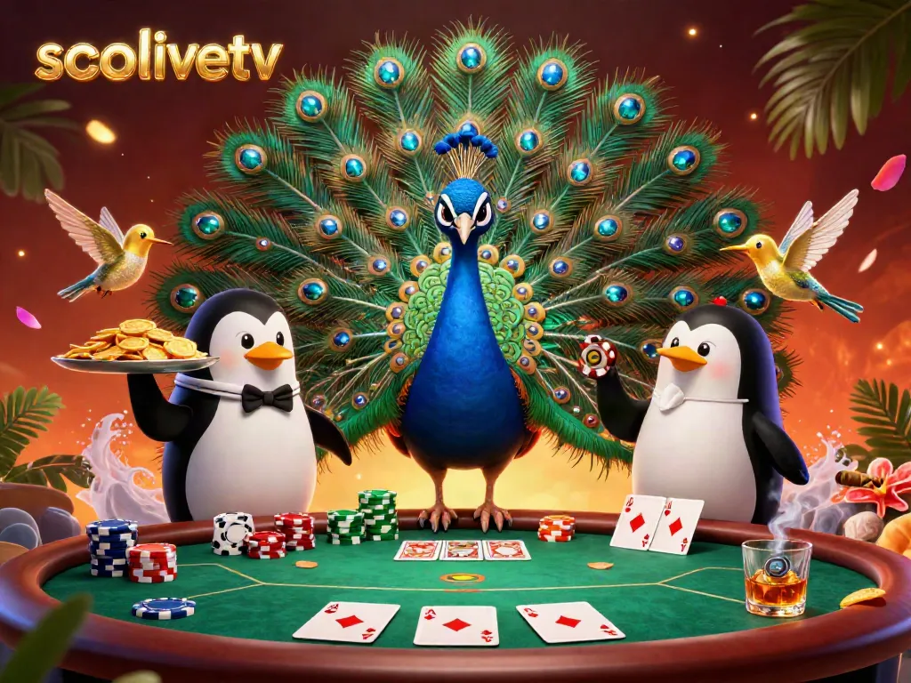 Experience excitement with socolivetv’s vibrant 3D gaming scene featuring peacocks and poker elements.