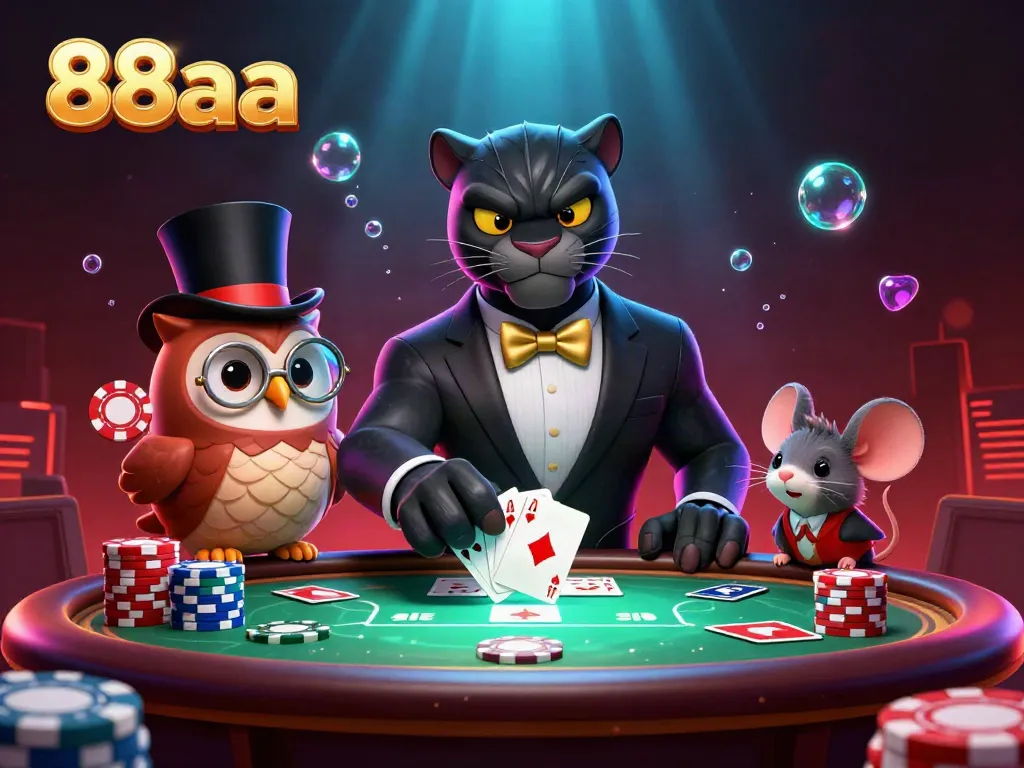 Engage with 88aa’s vibrant casino scene, featuring a tuxedoed panther and poker-playing characters.
