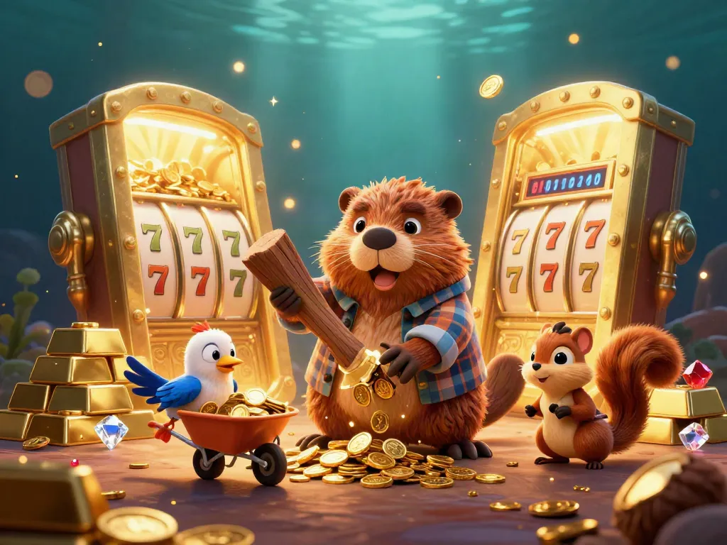 Spin to win at nohut10, featuring cartoon beaver and friends collecting golden coins in a vibrant casino scene.