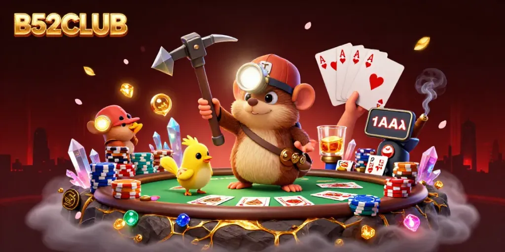 Engage with B52CLUB in a dynamic 3D illustration depicting a treasure hunter mole navigating a vibrant gaming cave.