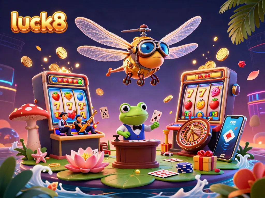 Experience the thrill of luck8 at a lively lily pad casino with a dragonfly pilot, frog croupier, and exciting slot symbols!