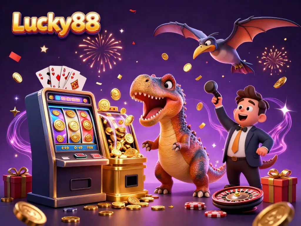 Playing at Lucky88 with colorful slot machines and animated characters in a vibrant casino scene