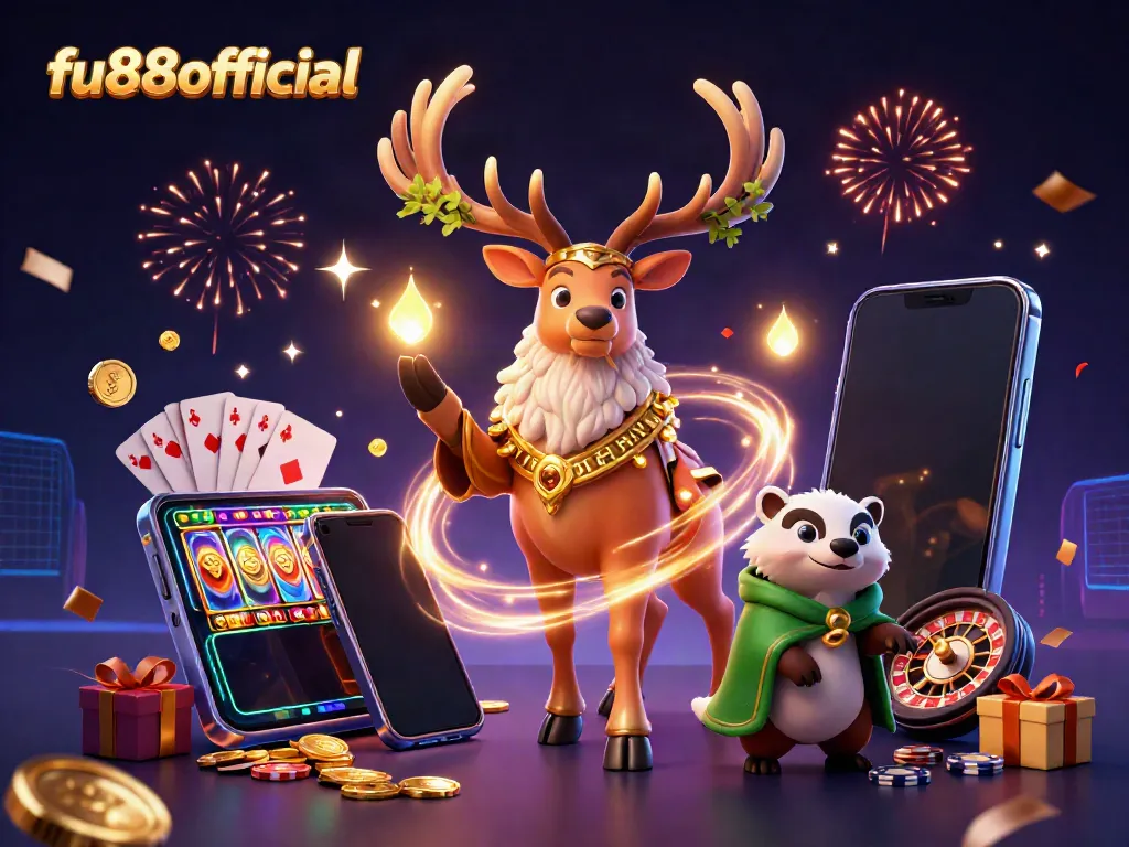 Join the fun at fu88offical with a vibrant 3D illustration of a druid stag, slots, and fireworks.