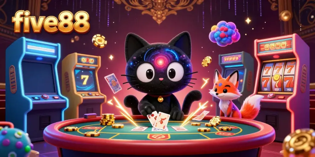 Engage with five88's vibrant casino atmosphere in this dynamic 3D illustration with a black hole cat and magical elements.