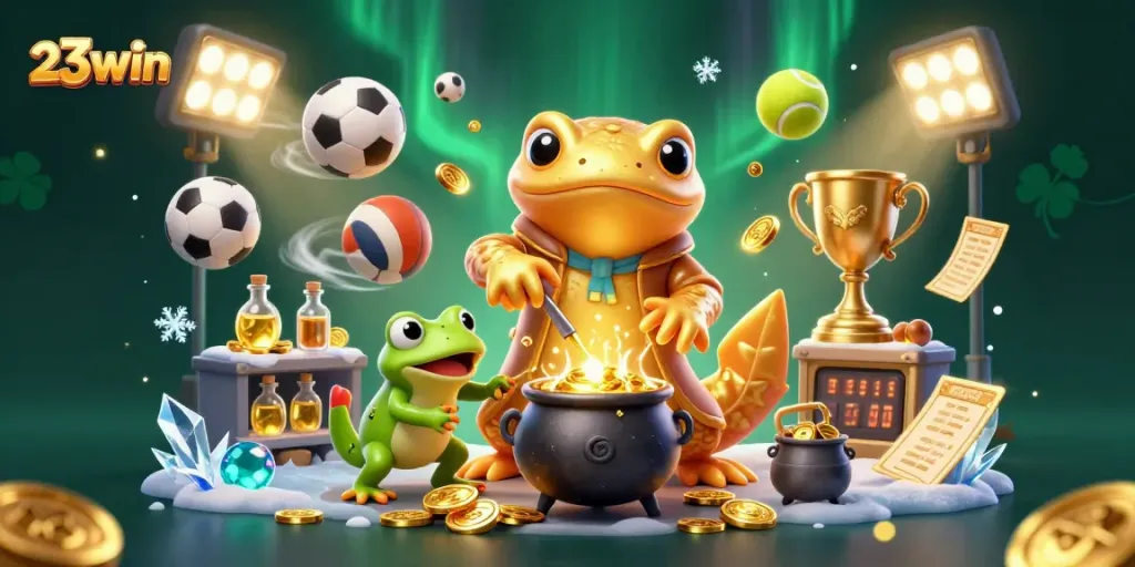 Experience thrilling gameplay with 23win in this vibrant 3D casino illustration featuring dynamic sports elements.