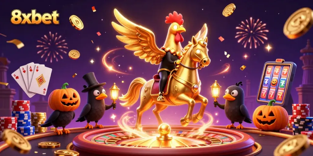 Engage with 8xbet at a vibrant casino featuring a golden rooster and captivating gaming elements.
