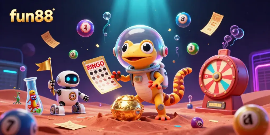 Experience the thrills of fun88 with a vibrant 3D casino scene featuring a Martian gecko discovering a golden casino.