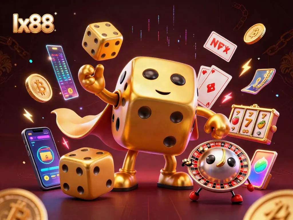 Lx88 showcases a lively golden dice golem amidst a vibrant casino theme, enhancing the gambling experience.