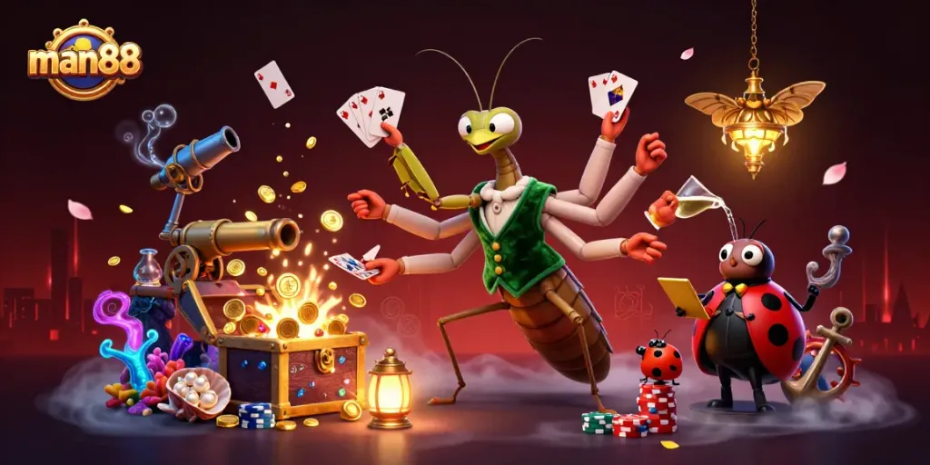 Experience the thrill of winning at man88 with vibrant casino elements and engaging characters.