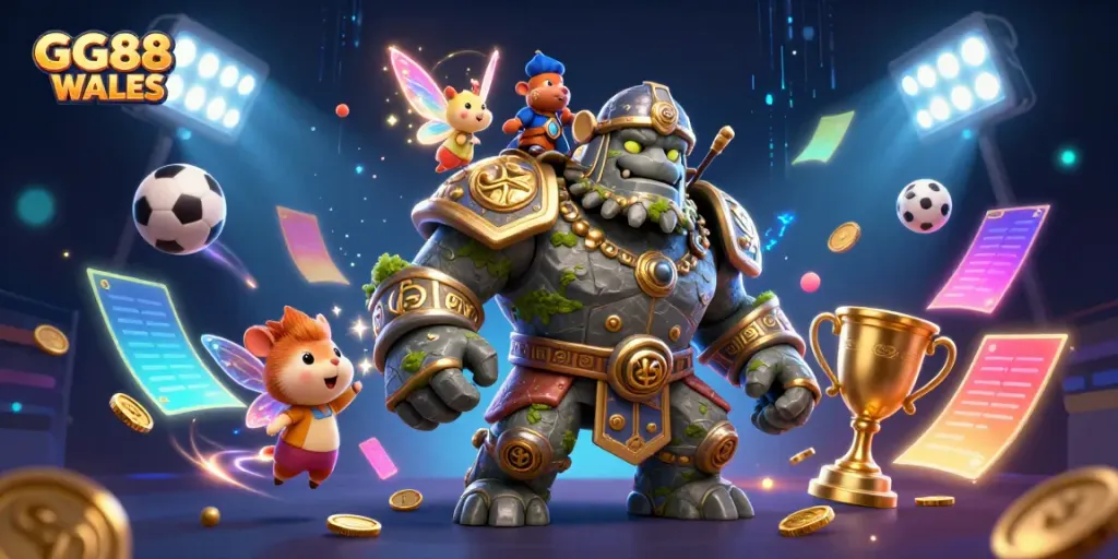 Engage in dynamic sports betting with GG88 WALES featuring a lively golem guardian, magical fairy, and hamster knight.