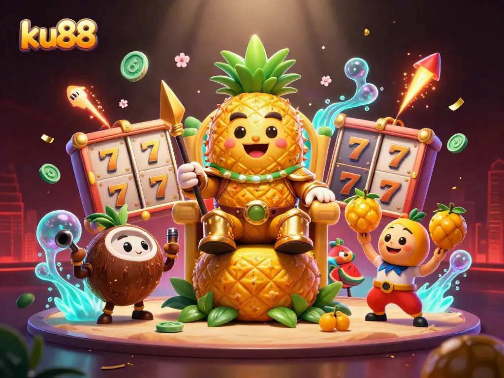 Experience the excitement of ku88 with a vibrant 3D casino scene featuring a golden pineapple king and dynamic game elements.