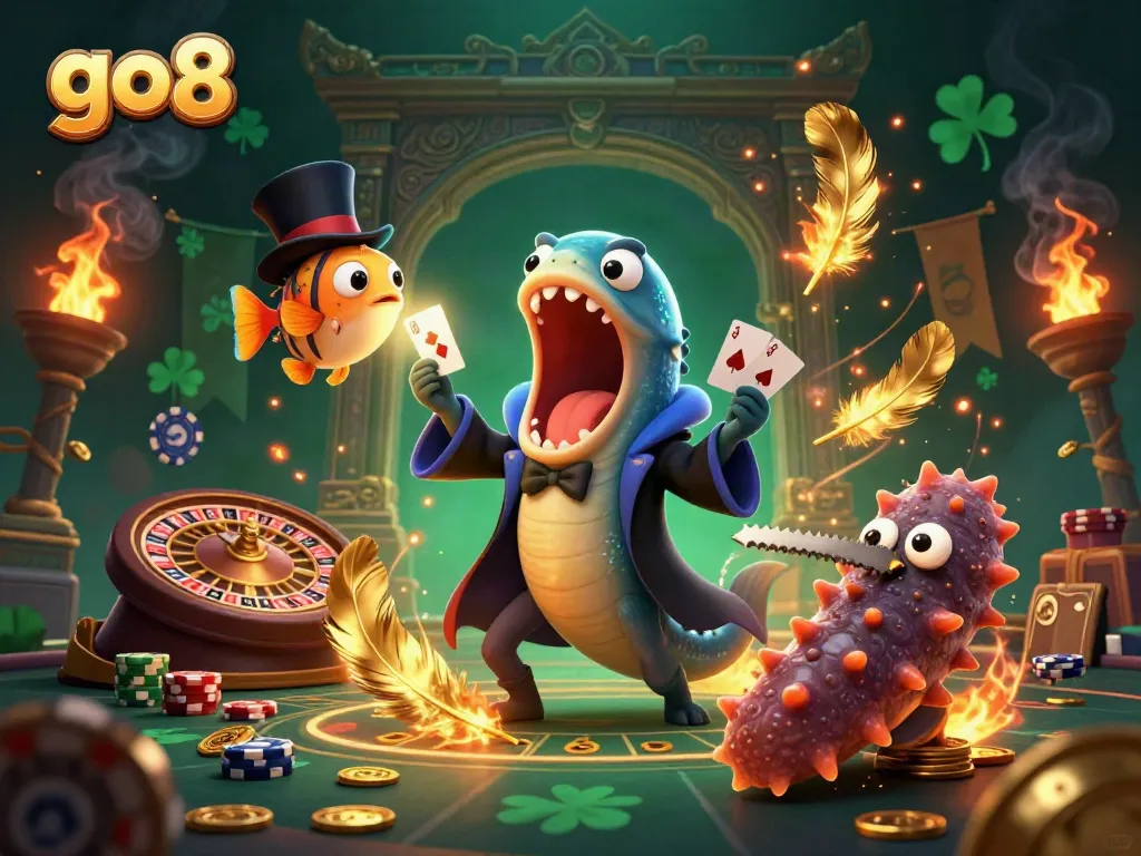Experience exciting gameplay with go8 casino characters in an enchanting underwater scene featuring magical card tricks.