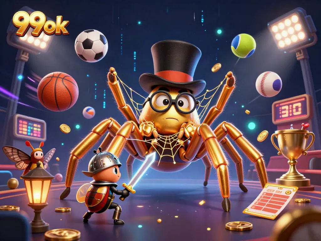Experience thrilling games at 99ok with a golden tarantula weaving excitement in a vibrant casino!