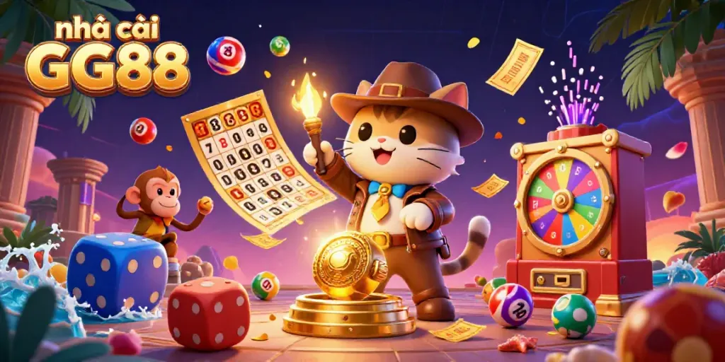 Join the adventure with nhà cái GG88 as an explorer cat uncovers casino treasures in a vibrant scene.