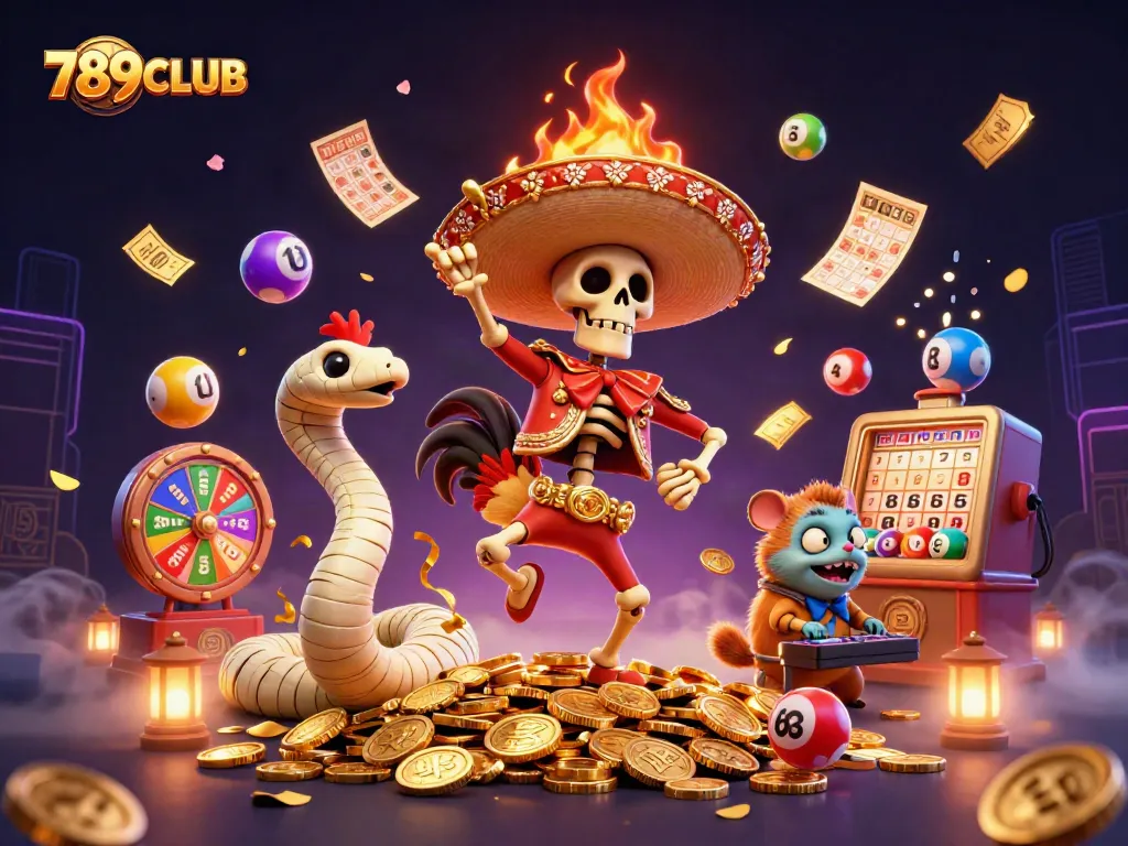 Action-packed scene celebrating 789CLUB with colorful lottery elements and dynamic characters.