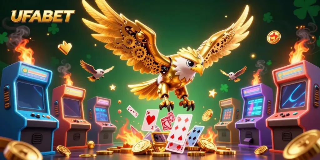 Experience UFABET with a dynamic scene of gaming characters and casino elements in action.