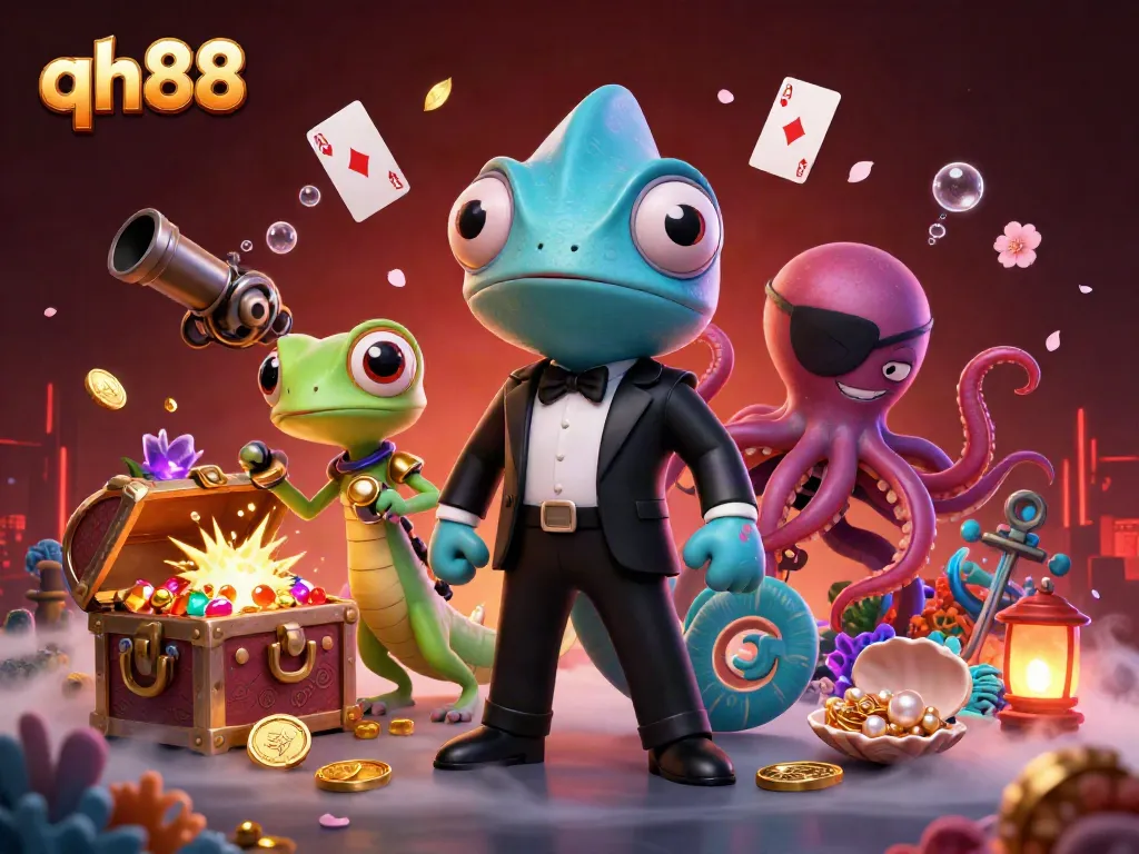 Engaging scene showcasing the dynamic "qh88" casino themed illustration with a secret agent chameleon, tech-gecko, and villainous octopus among casino elements.