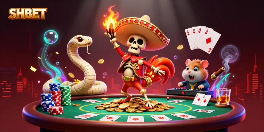 Engage in thrilling gameplay with SHBET's exciting casino scene featuring vibrant characters and dynamic elements.