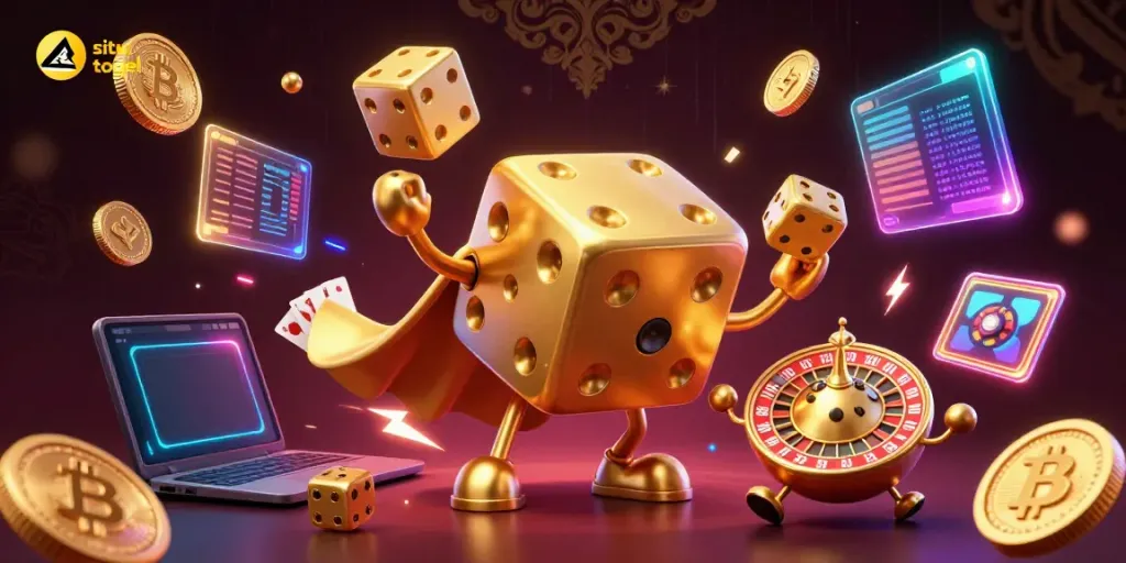 Engage in situs togel games with dynamic 3D characters, golden dice, and immersive casino elements.