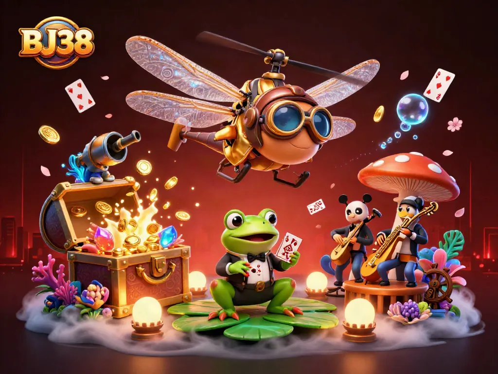 BJ38 offers immersive casino experiences with dynamic visuals of a dragonfly pilot and frog croupier.