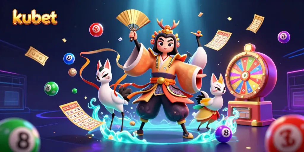 Kubet's exciting gambling world with vibrant slots, lottery balls, and dynamic characters.