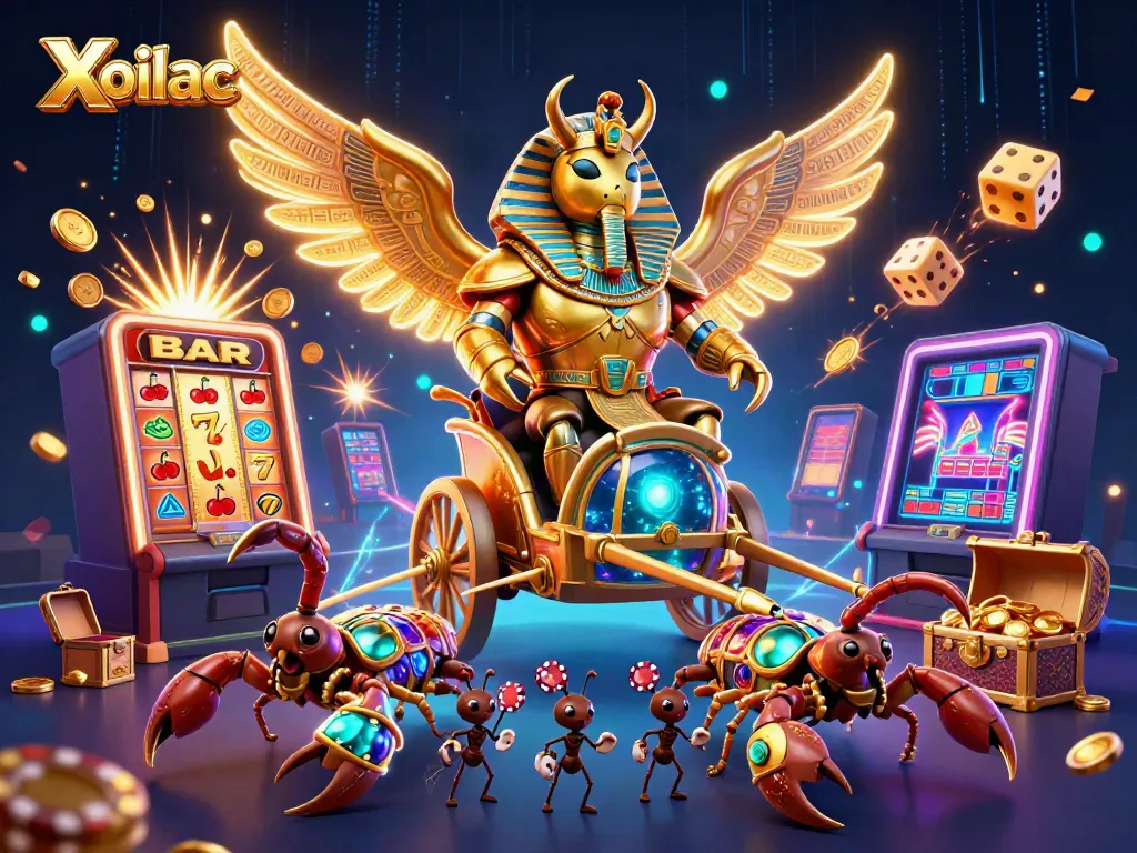 Xoilac showcases an exciting casino scene with a golden beetle and scorpions amidst slot machines and jackpot wins.
