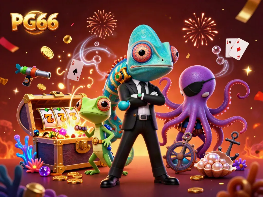 Experience the thrilling ambiance of PG66 featuring a chameleon secret agent and friends among casino elements.