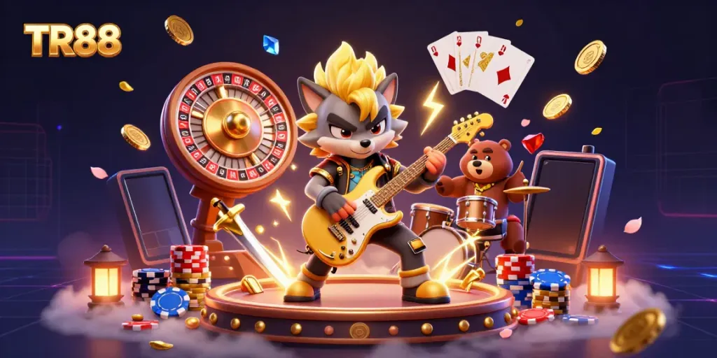 Experience the thrilling energy of TR88 with a wolf rock star and drummer bear in an electrifying casino scene.